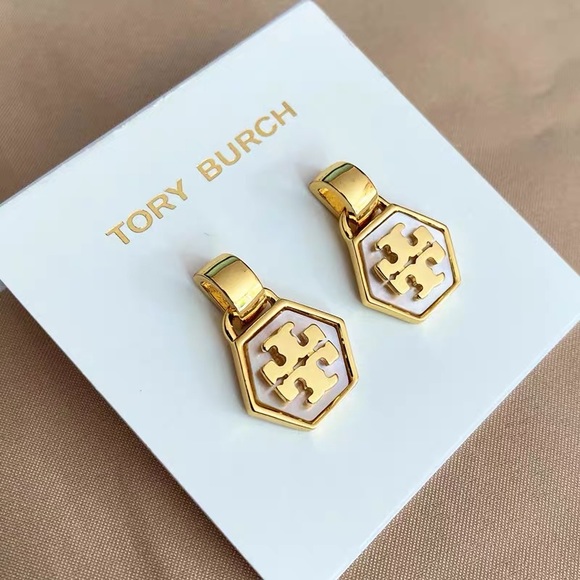 Tory Burch Jewelry - Tory Burch White Hexagon Logo Drop Earrings